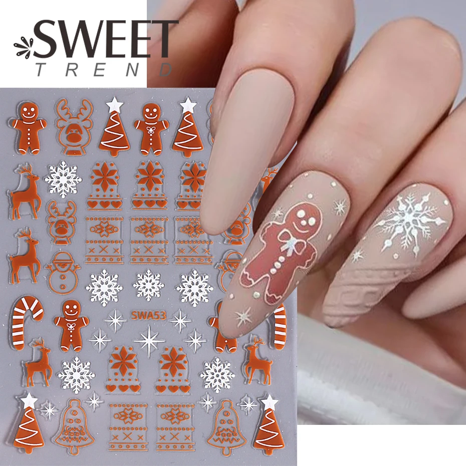 3D Glitter Christmas Nail Art Sticker Winter Elk Gingerbread Man Snowflake Decals Self-Adhesive Sliders DIY Manicure Decorations