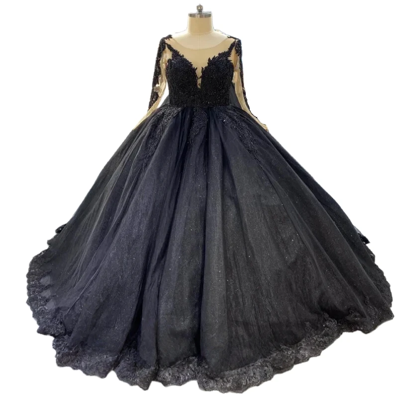 Luxury Black Gothic Wedding Dress Ball Gown Beaded Lace Appliques Sheer Long Sleeves Open Back Bridal Gowns Customized Vestidos