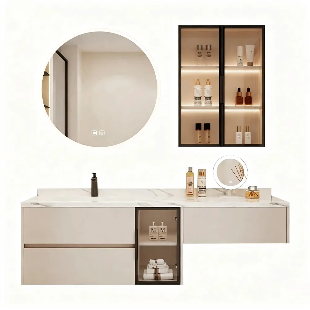 Custom Bathroom Vanity Dressing Table Combo with Seamless Integrated Sintered Stone Sink, Wash  Makeup Cabinet for Bathroom