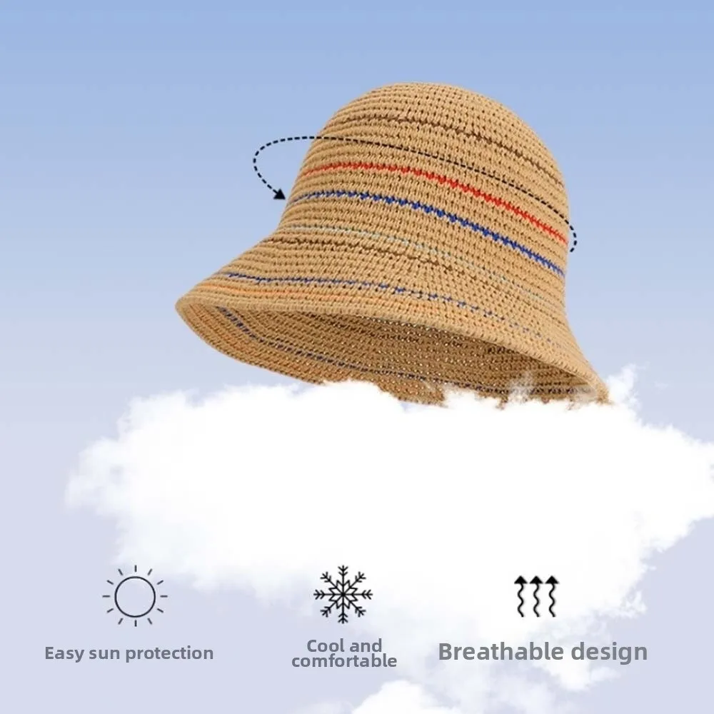 

Temperament Knitted Bucket Hat Hollow Out Anti-UV Sunshade Basin Cap Breathable French Style Colorful Striped Fisherman Hat
