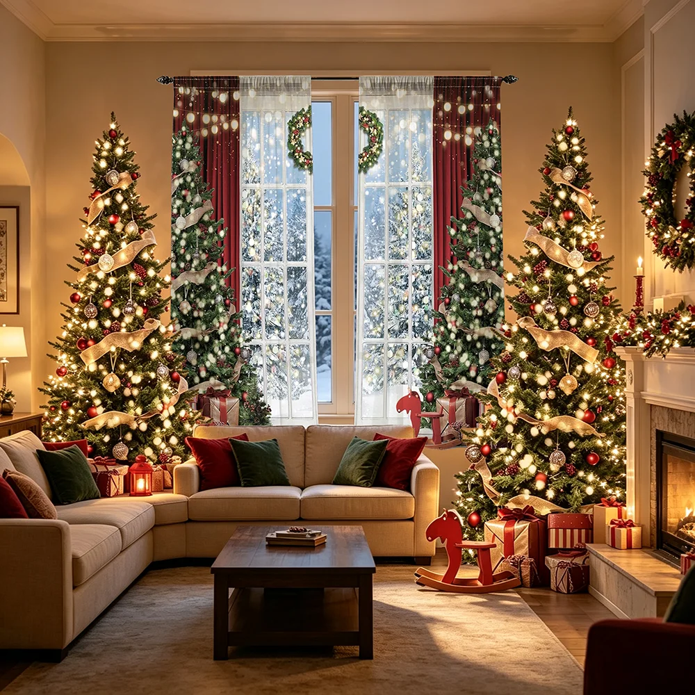 2PCS Christmas Tree Gift Red Print Curtains, Rod Pocket, Polyester, Home Decor, Window Drapes, Bedroom Living Room, Kitchen