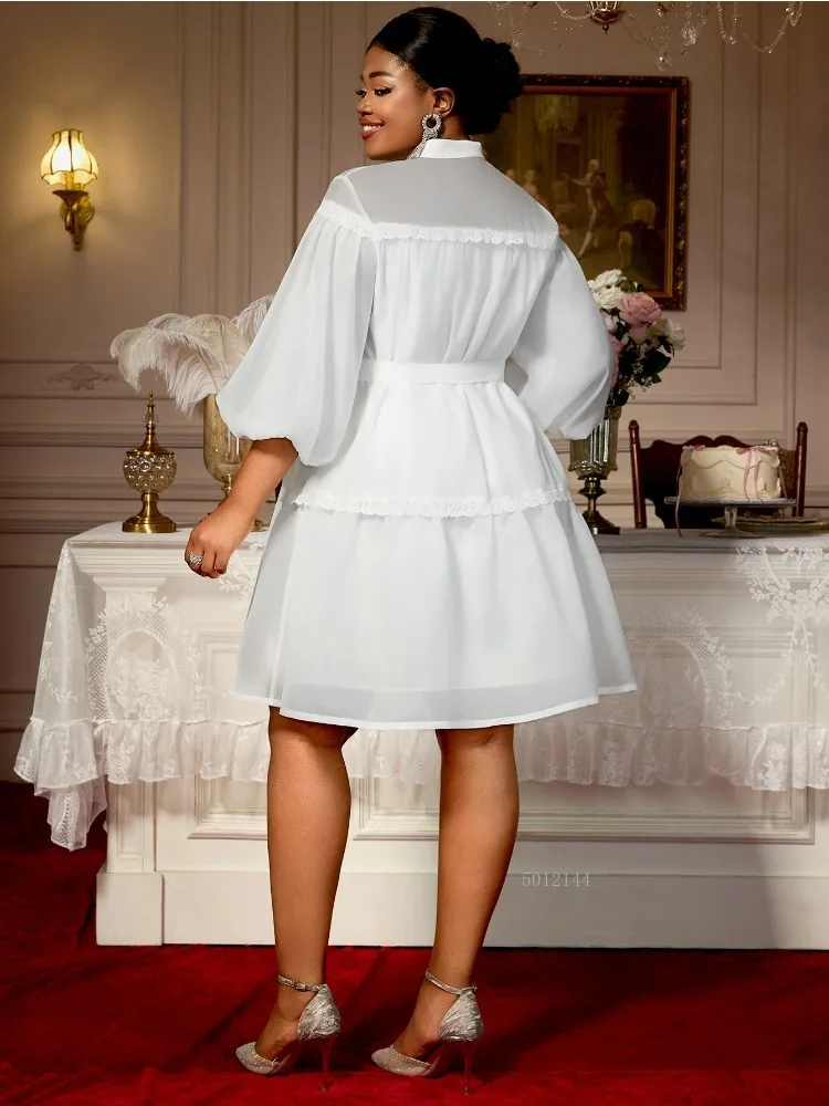 Chic Button Up Mini Dress with Belted Waist Puff Sleeves and Lace Trim Perfect for Casual Gatherings Parties and Weekend Outings