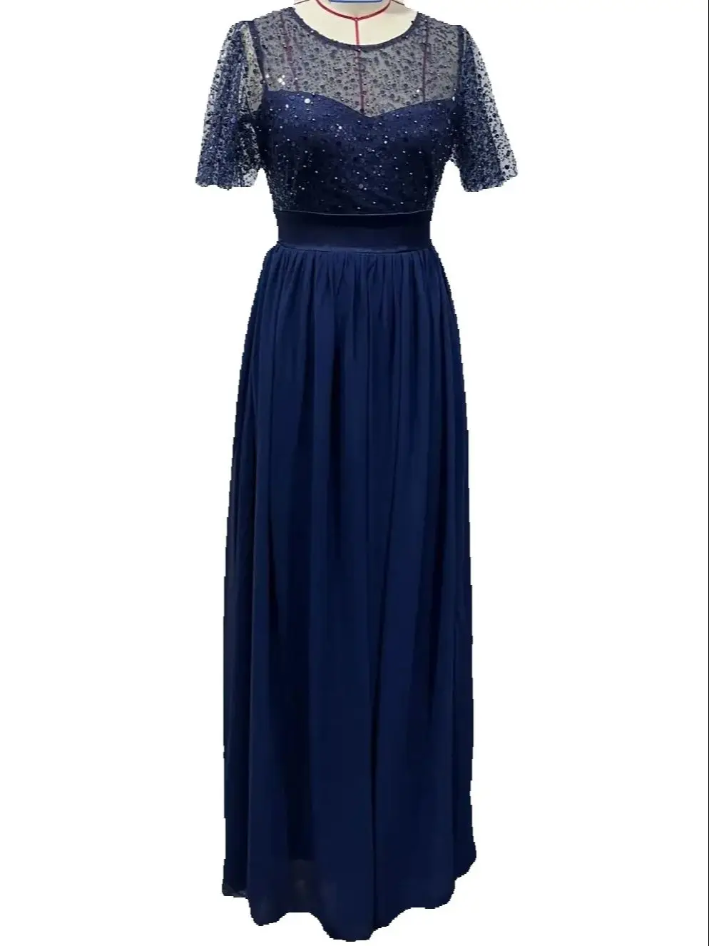 

Elegant Flare Short Sleeves Sequined Long Chiffon Formal Evening Dress