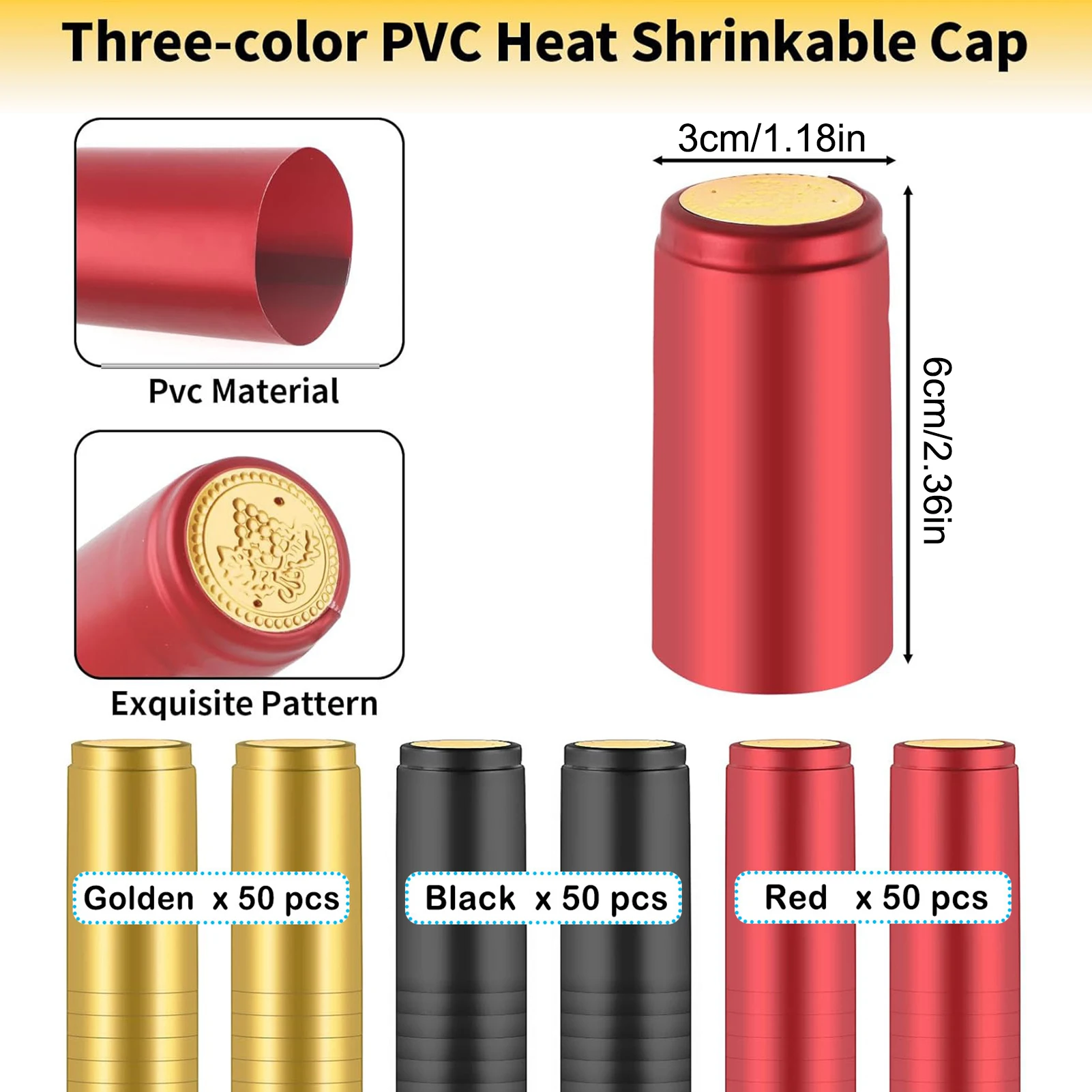 150PCS PVC Wine Bottle Heat Shrink Caps in 3 Colors Red/Gold/Black Seal Caps for Wine Bottle Capsules Shrink