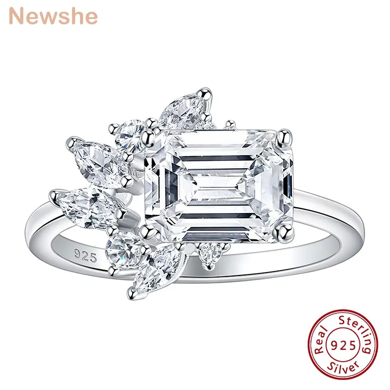 

Newshe 925 Sterling Silver East To West Ring Emerald Cut Solitaire Wedding Engagement Rings for Women 5A Cubic Zirconia Jewelry