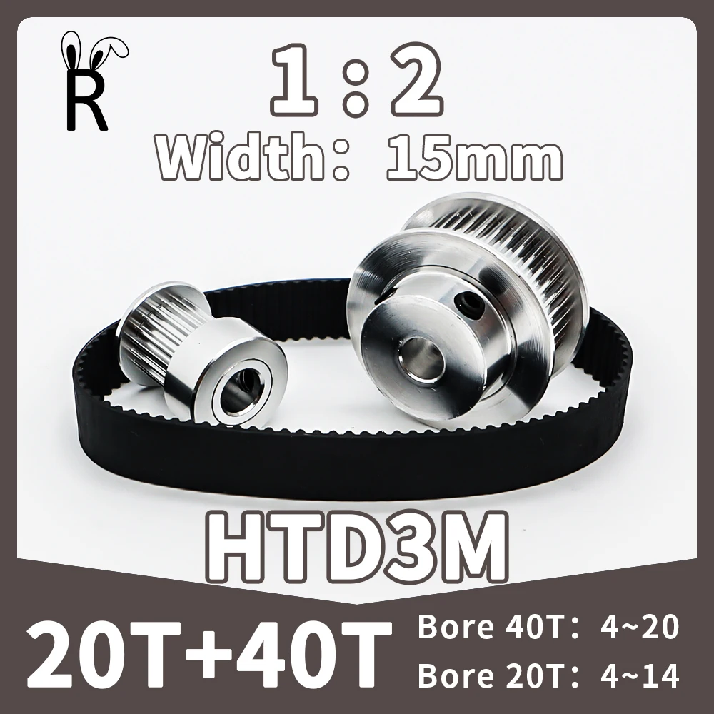 

20T 40T HTD 3M Timing Pulley Set 20Teeth 40Teeth Rubber Belt Pulley Kit Belt Width 15mm 3M Belt Set HTD3M Synchronous Wheels Set