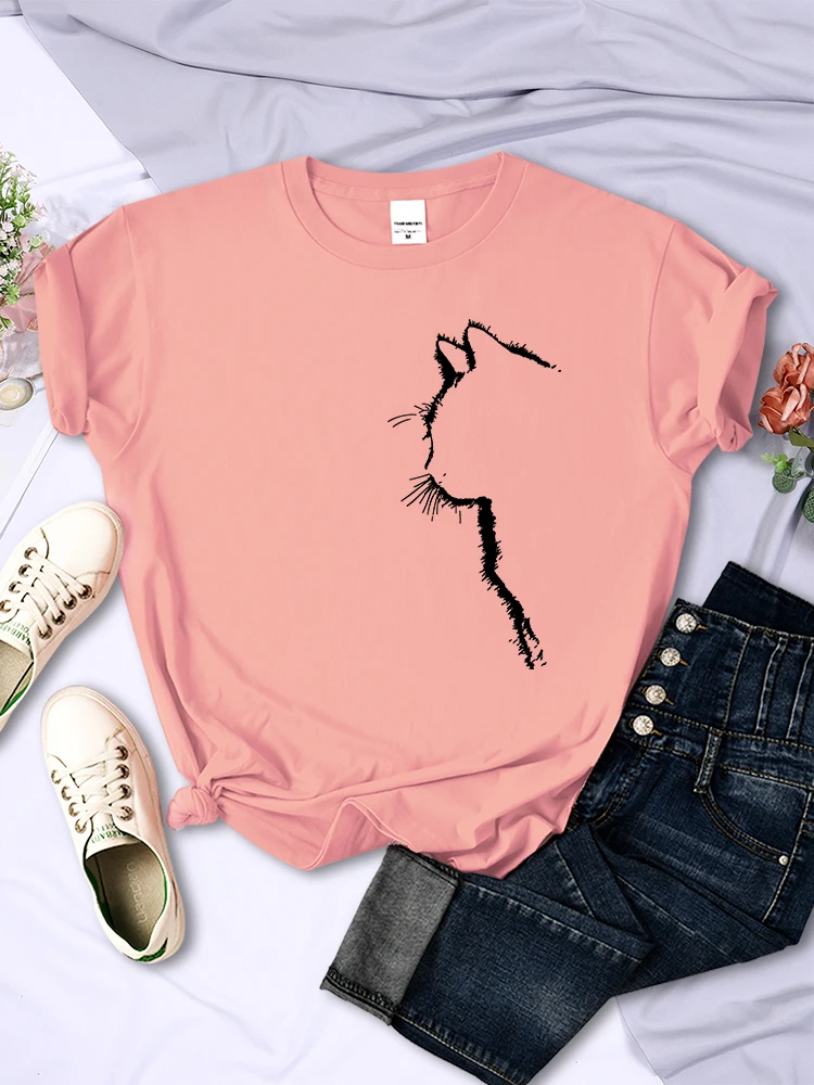 Simple Strokes Of Cat Funny Printed Women T-Shirt Fashion Casual Short Sleeve O-Neck Personality Street Tee Clothing Summer Tops