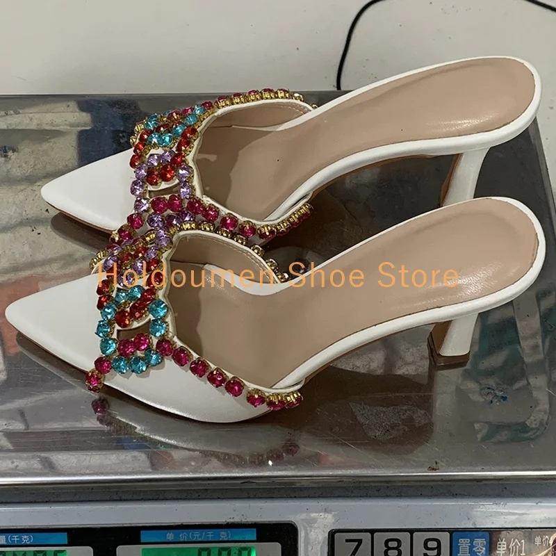 

Dancing Party Shining Colorful Diamond Hollow Peep Toe kitten heel slippers Women's Summer Lazy Fashion Outdoor Slip On Slippers