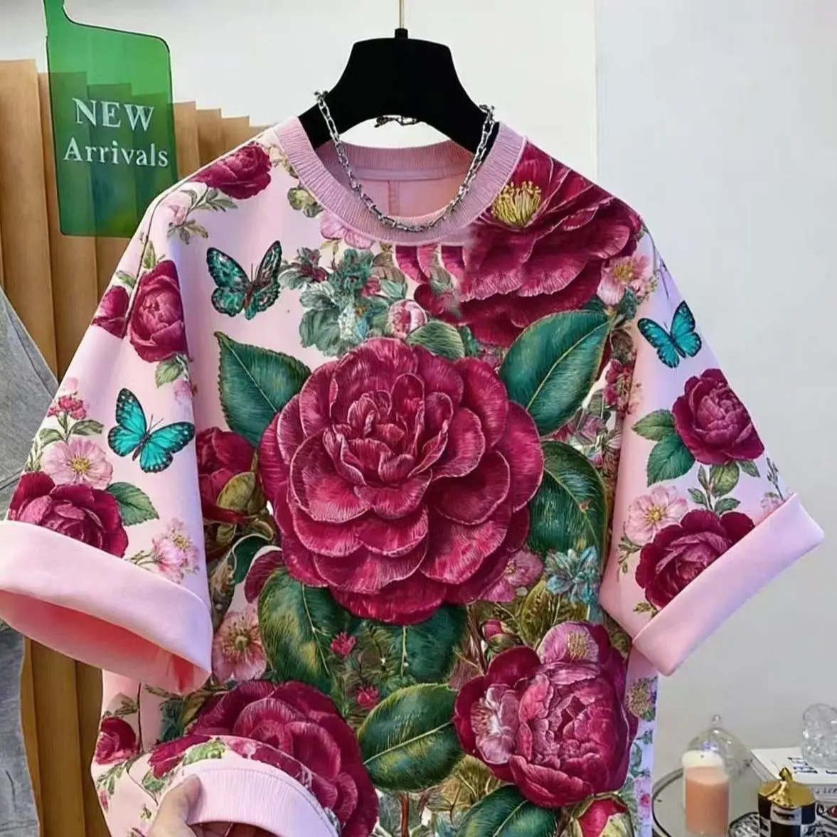 Vintage Rose & Butterfly Print Pink Oversized T-Shirt | Floral Botanical Graphic Tee | Luxury Casual Top Aesthetic Elegant Lady