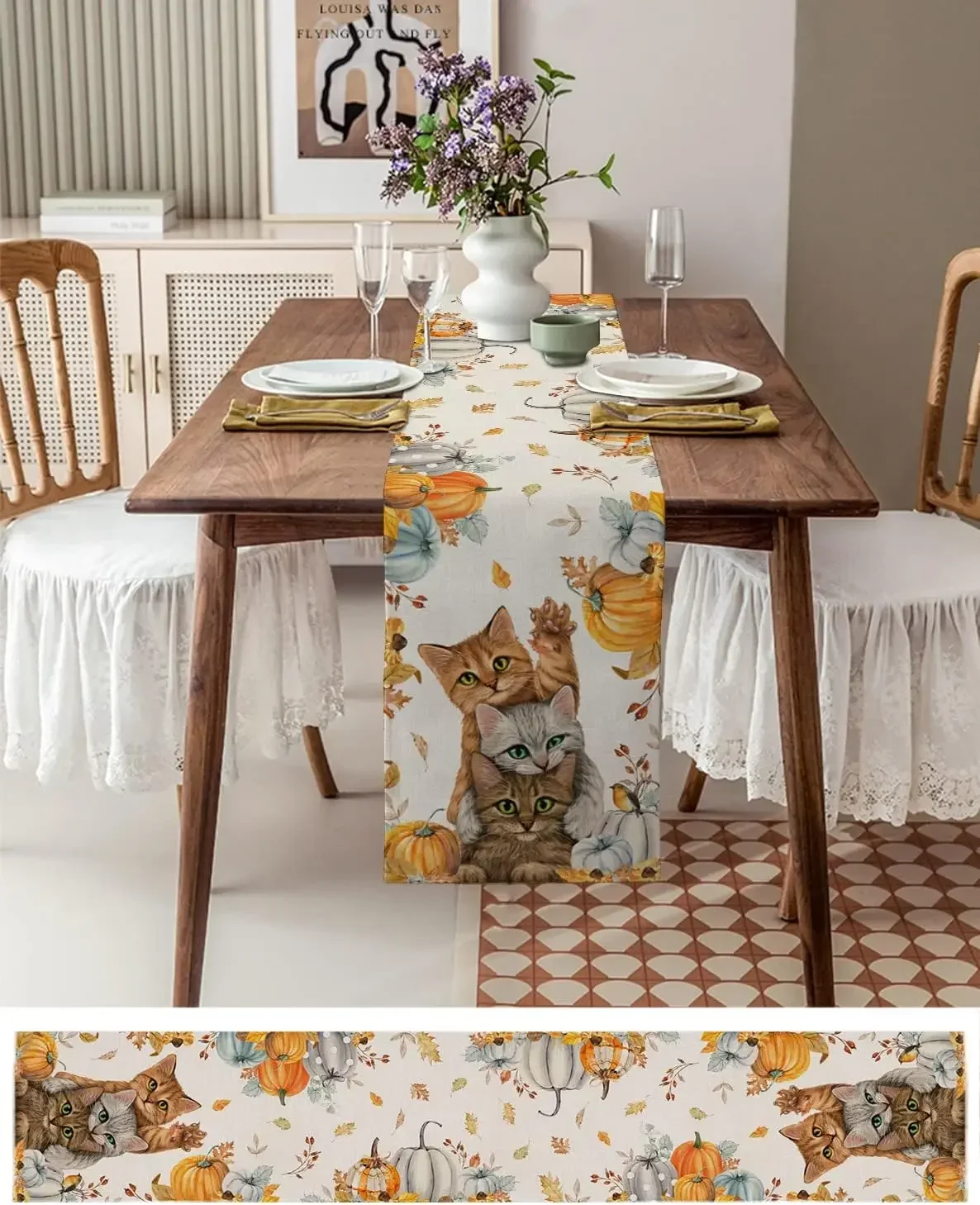 1Pc Autumn Cat Pattern Table Runner Beige Pumpkin Leaf Print Table Cover For Dining Kitchen Desk Decoration Tabletop Decor