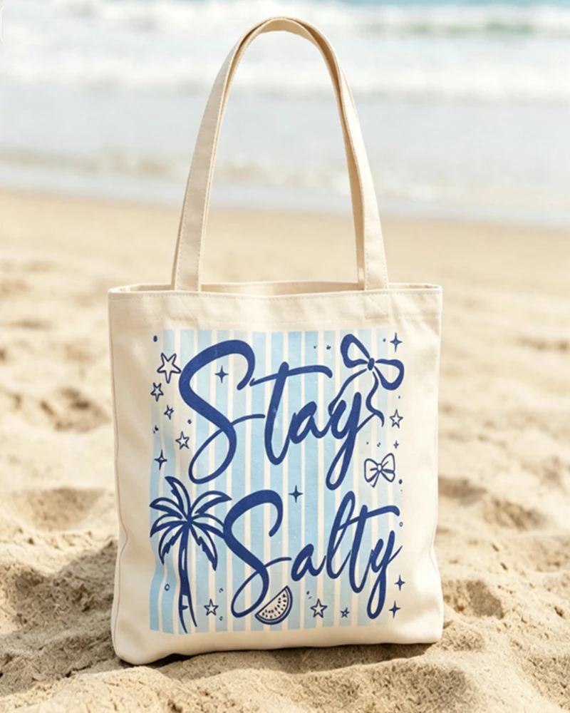 

Custom Tote Bag Personalized Stay Salty Printed Beach Canvas Bag Large Capacity Summer Beach Shoulder Bag Ocean Lover Gift