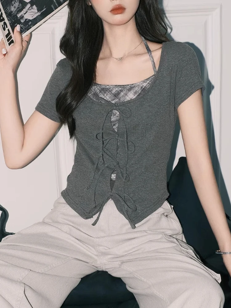 ay Slim Fit T-shirt met strikontwerp Koreaanse Sle Commute Faion Cheered Patchwork zoete en pittige damestop