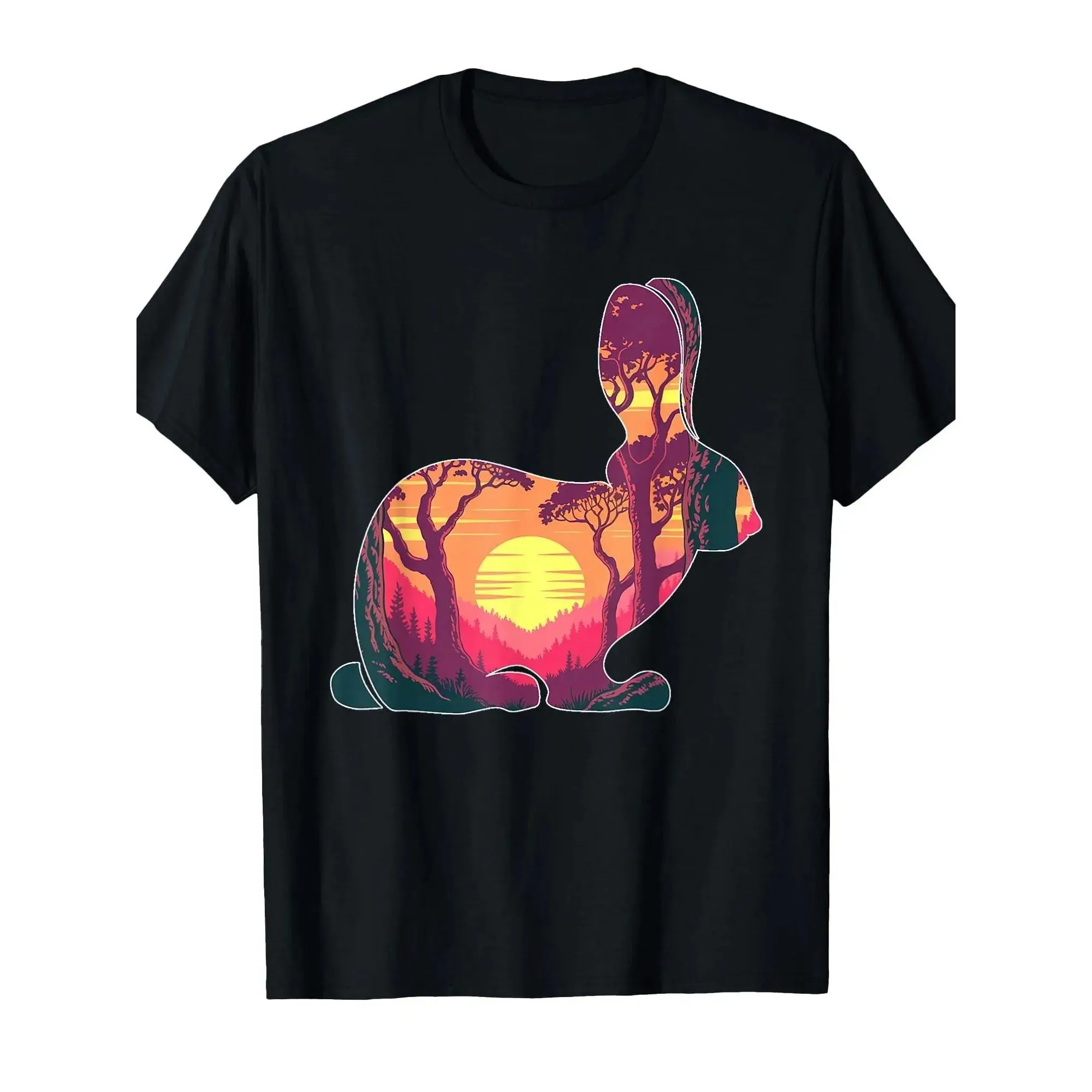 Rabbit Silhouette Sunset Forest Graphic Tee Men Vintage Style Short Sleeve Crew Neck T-Shirt
