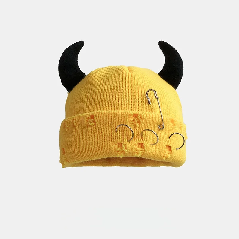 Neue Unisex Strickmütze mit Teufelshörnern Halloween Distressed Skull Cap Hip Hop Winter Warme Garnmütze für Männer Frauen – Detail 6