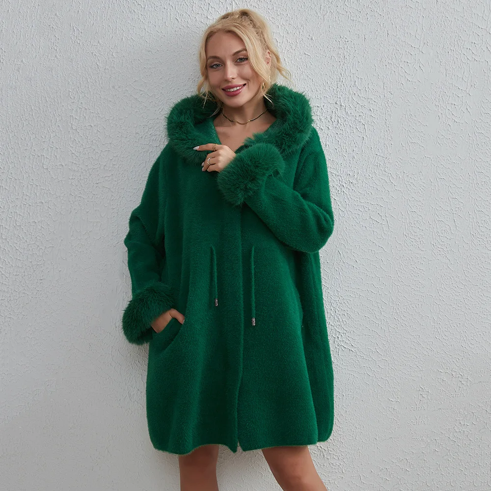 Women's New Solid Color Loose Fitting Fashionable Fur Collar Sweater ImItatIon Mink Coat