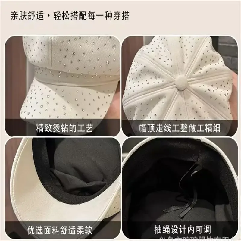 Korean Edition Diamond Studded Octagonal Hat for Women, British Retro Duck Tongue Newsboy, Autumn And winter Woolen Artist Hat
