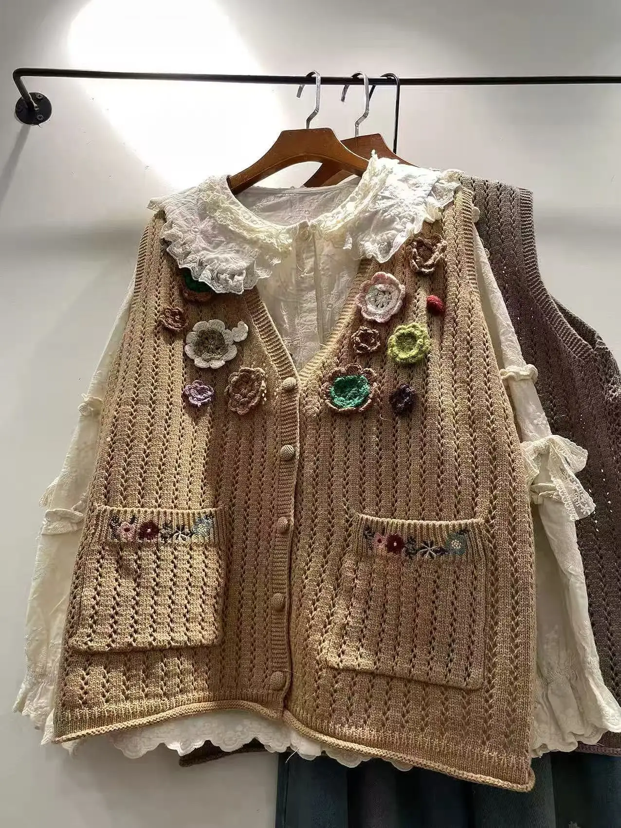 Women Mori Girl Knit Waistcoat V-Neck 3D Multi-Color Flower Crochet Applique Hollow Knit Patch Pocket Cottagecore Sweater Vest