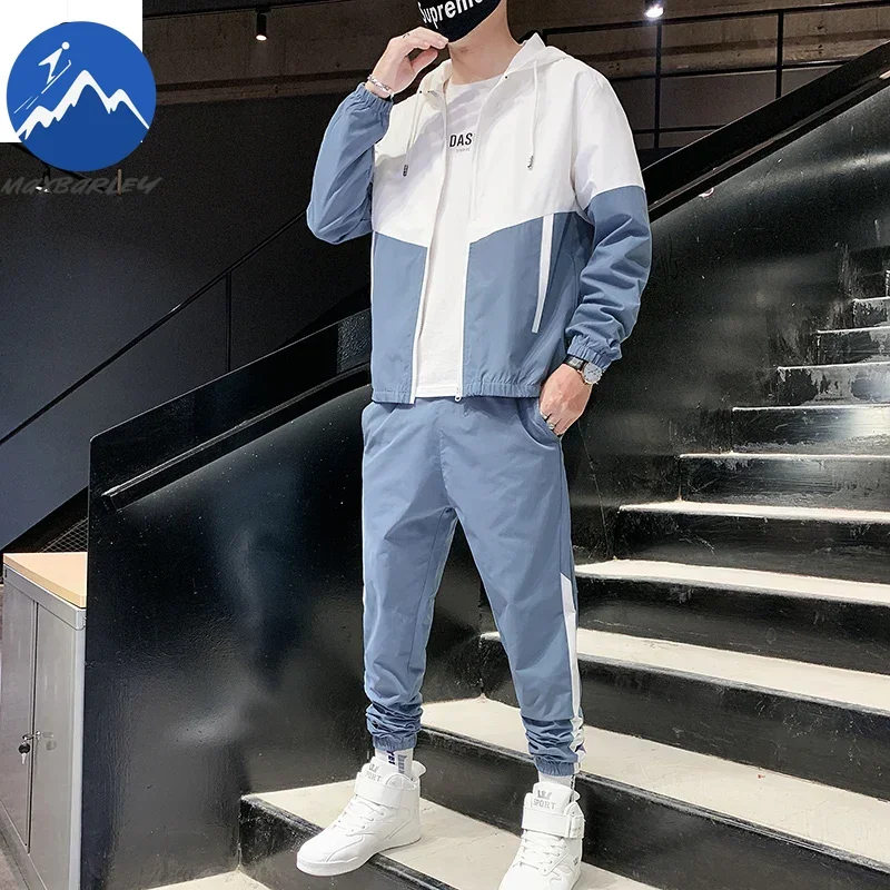 Spring Autumn Men Sportswear Set Casual Jogger Sweatsuit Hooded Jacket + Pants Two Piece Hip Hop Running Training Sports Suit