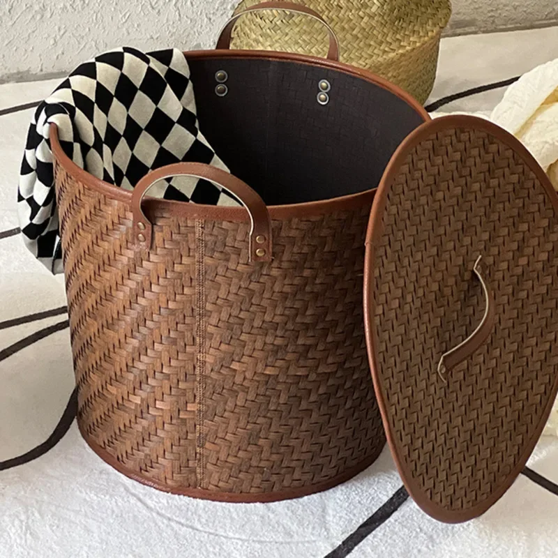 

Rattan Woven MultiFunctional Storage Bucket Covered Household Dirty Clothes Basket Sundry Organizer for Bedroom