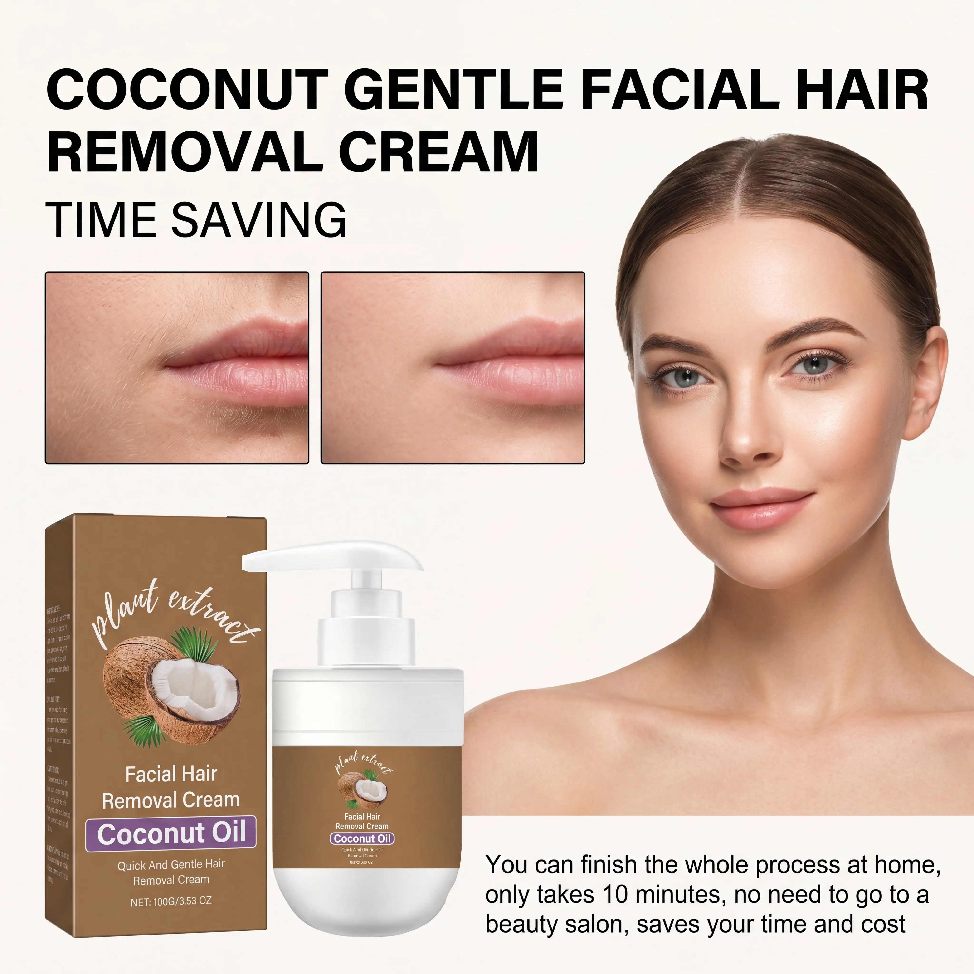 Plant-based formula Coconut Oil Hair Face Removal Cream Treatment for fine hair on cheeks around the lips Gentle non-irritating
