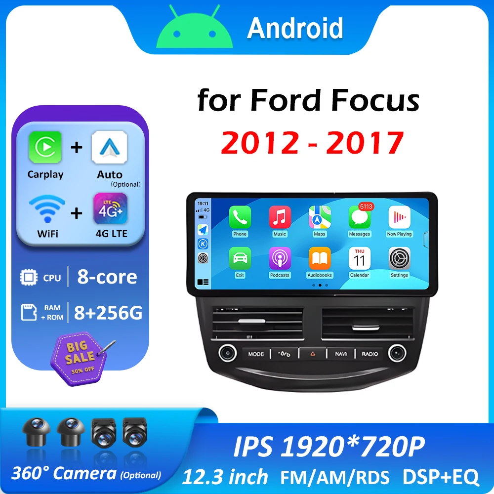 for Ford Focus 2012 2013 2014 2015 - 2017 GPS Navigation DSP Stereo Android Auto Car Video Radio Multimedia Player Bluetooth 4G