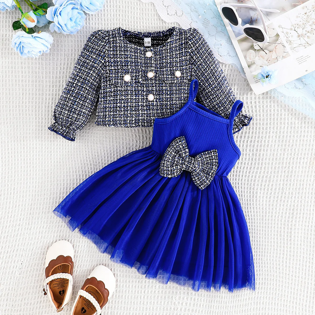 2Piece Sets Spring Autumn Infant Girl Clothes Fashion Plaid Coat+Bow Mesh Sleeveless Princess Dress Baby Boutique Clothing BC036