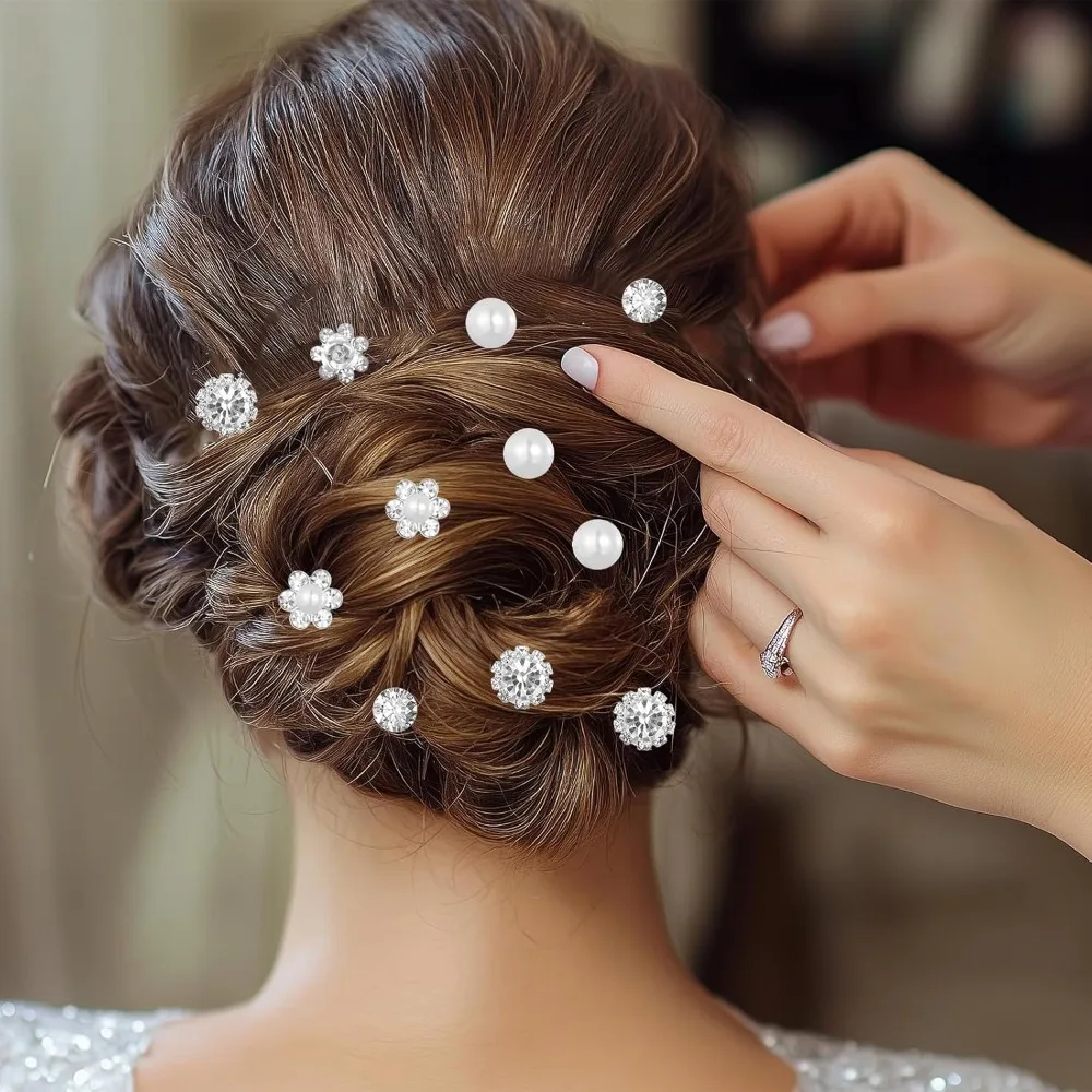 40 Pcs Pearl and Rhinestone Bridal Hair Pins, Wedding Pearl Hair Pins U Shape Rhinestone Flower Hairpins Silver Hairs Jewelry
