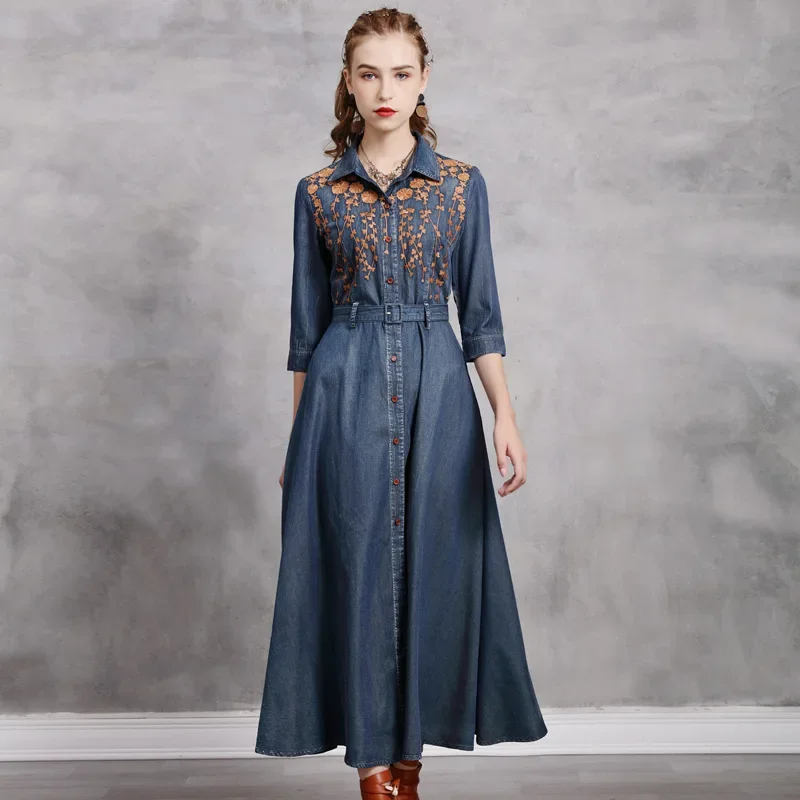 

Floral Embroidery Midi Dress 2021 Spring Women Vintage Turn-down Collar Single Breasted Denim Dress With Belt