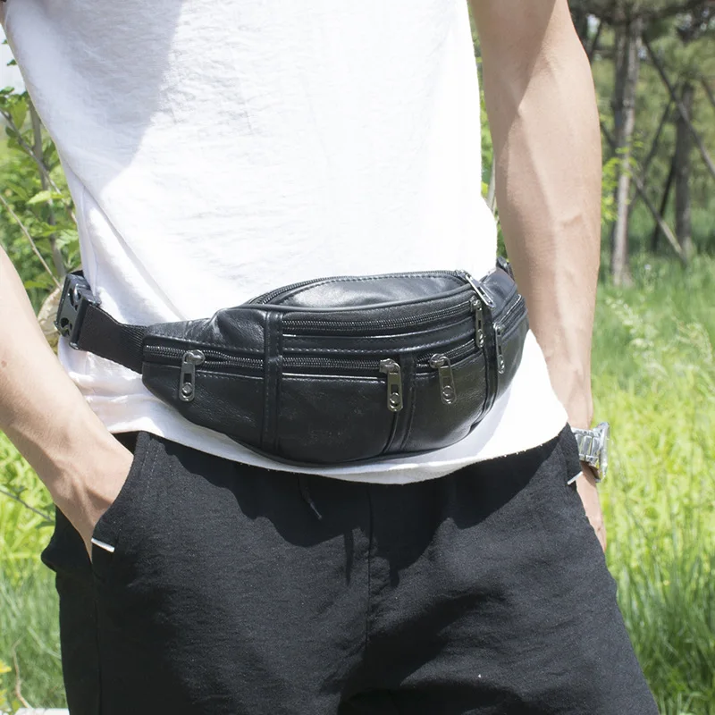 Riñonera deportiva de cuero PU para hombre, bolso de cintura para el pecho, resistente al agua, para exteriores, multifunción, color negro