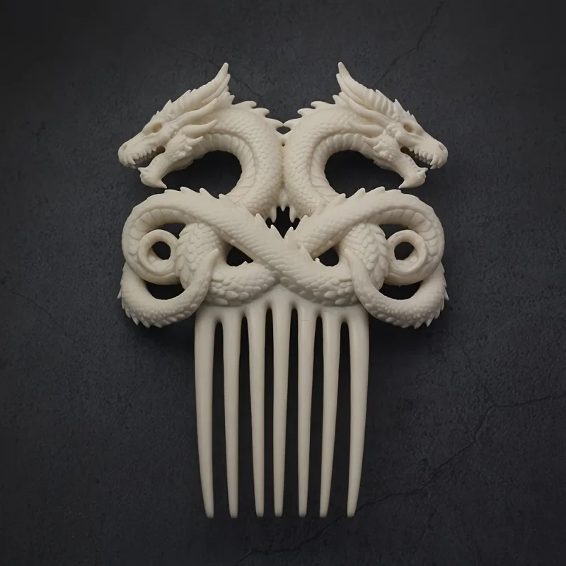 3D‑Printed Plastic Double‑headed Dragon Hair Comb,Exquisite Coiled‑dragon Carved,Retro Chinese‑style Hair‑fixing Accessory