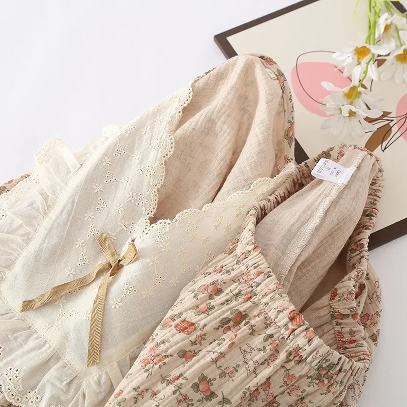 جديد الصيف الملابس النسائية الشاش القطن الخامس الرقبة الدانتيل منامة مع السراويل نايتي مجموعة قطعتين مجموعة منامة للنساء