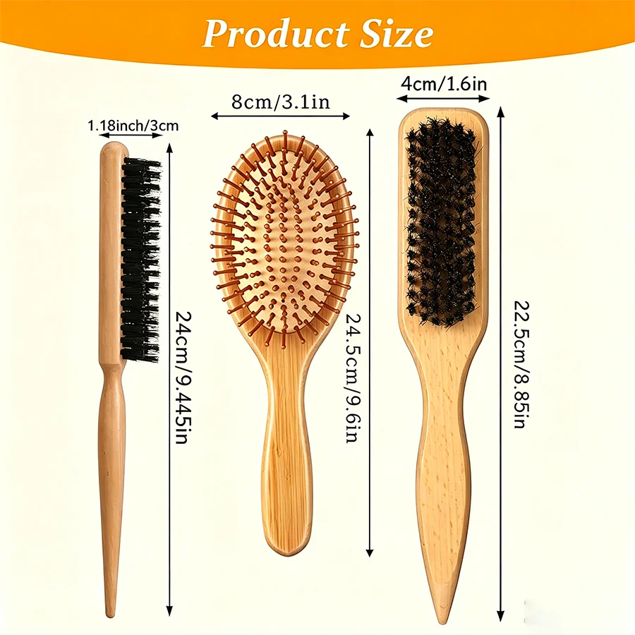 Wooden Boar Bristle Hair Brush Set, 3Pcs