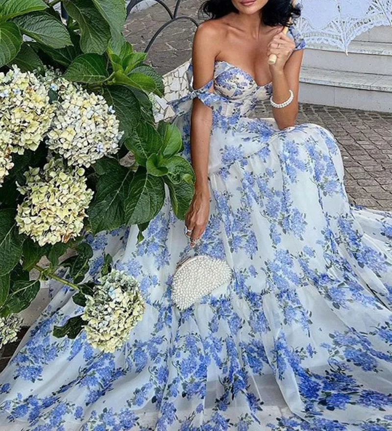 Abito lungo elegante da donna sexy estivo senza maniche con scollo a V Abito elegante da spiaggia con fasciatura Boho Abiti maxi da sera floreali