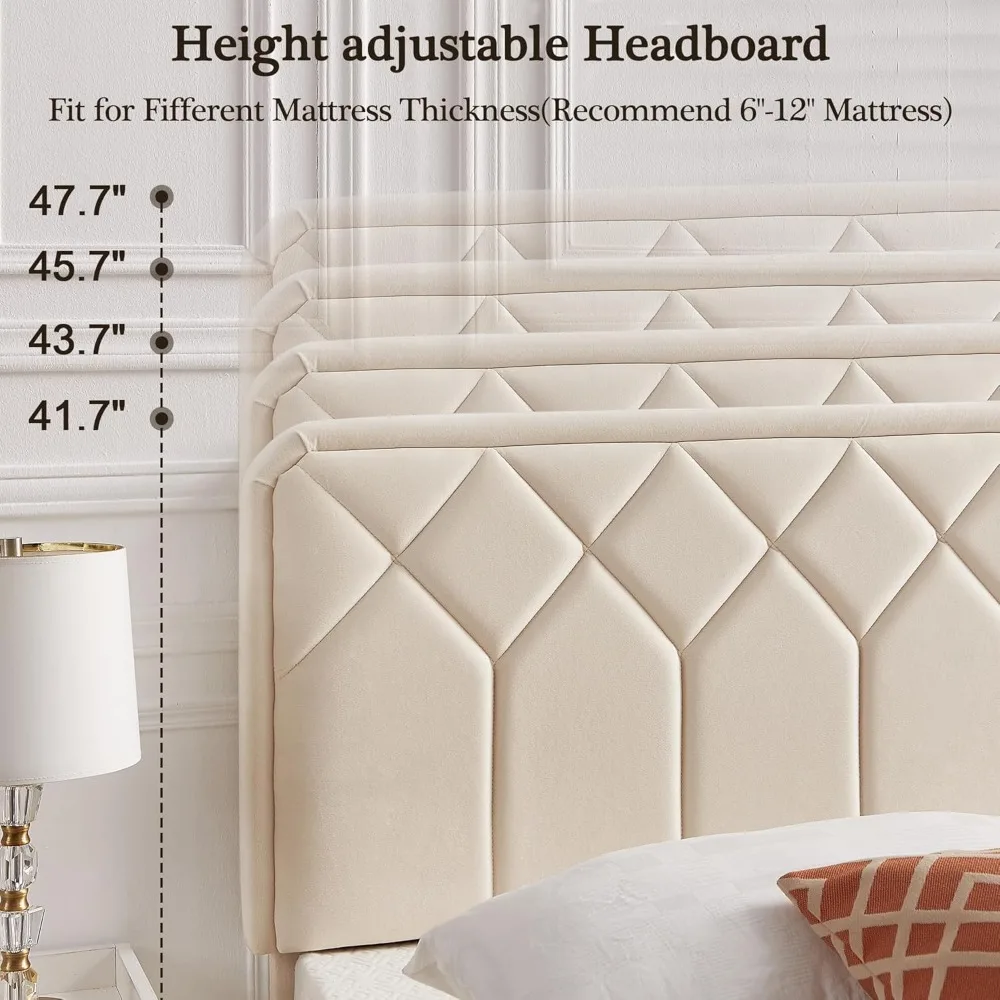 إطار سرير VECELO بحجم كوين، منصة منجدة مخملية ممتازة مع لوح أمامي/مرتبة قابلة للتعديل، خشب متين #6