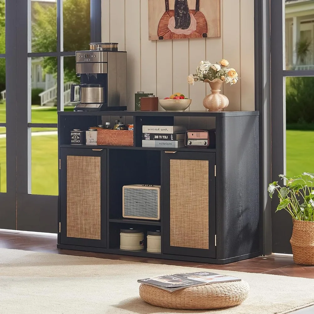 

Rattan Wine Cabinet with 2 Doors, Boho Liquor Cabinet with Wine Racks, Farmhouse Coffee Bar Station for Living, Customized