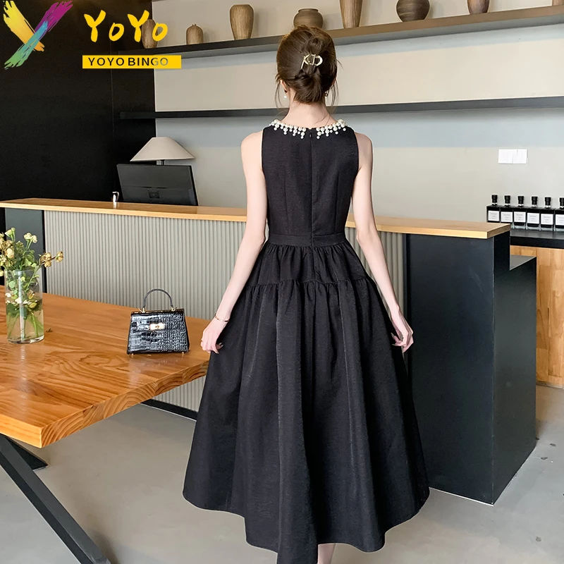 2024 Summer Elegant Black Pearl Sleeveless Vest and Ankle A-line Dress Slim Bodycon Fashion Temperament Party Luxury Dress