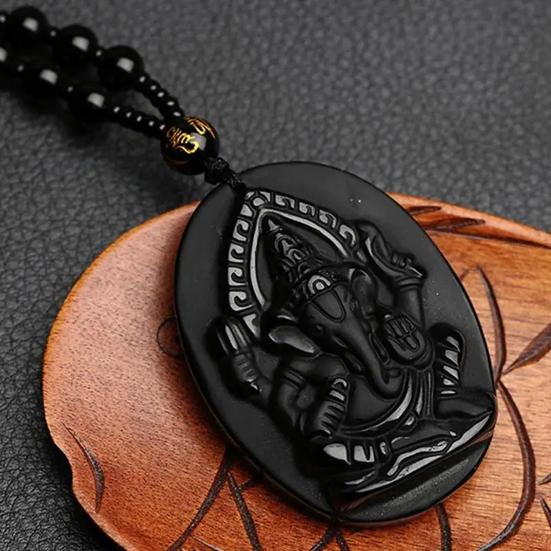 New Necklace Men Jewelry Obsidian Carved Ganesha Elephant Pendant Beads Natural Amulet Lucky Klace Wealth Chain Klace Pendant