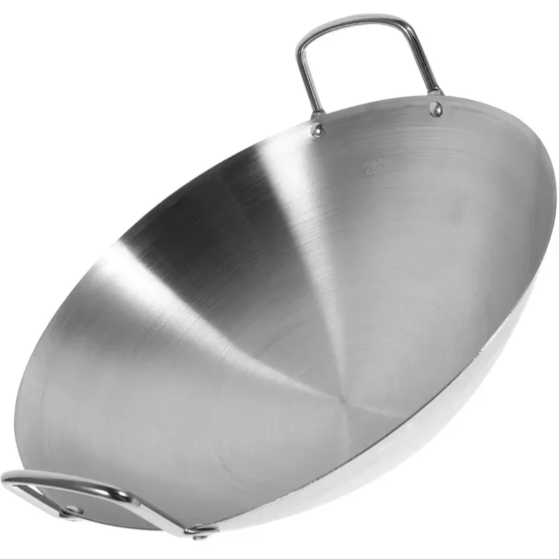 Deep Bottom Stainless Steel Wok Double Handle Round Bottom Traditional Cooking Pot 18L Capacity Large Kitchen Cookware