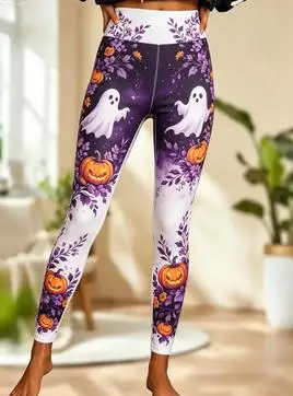 Women Mid‑Rise Fleece Lined Leggings, Halloween Ghost Pumpkin Purple Floral Print Slim Stretch Pants
