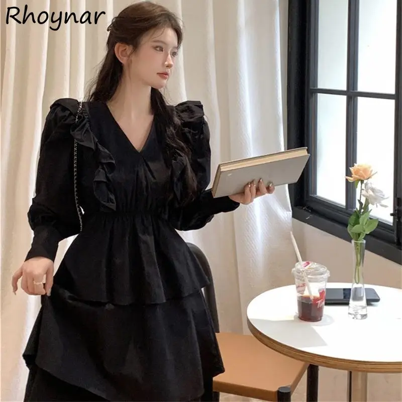 

Elegant Dresses Women Solid Ruffles Designed French Style Trendy Delicate Tender Prevalent Aesthetic Pretty Simple Ladies Ins