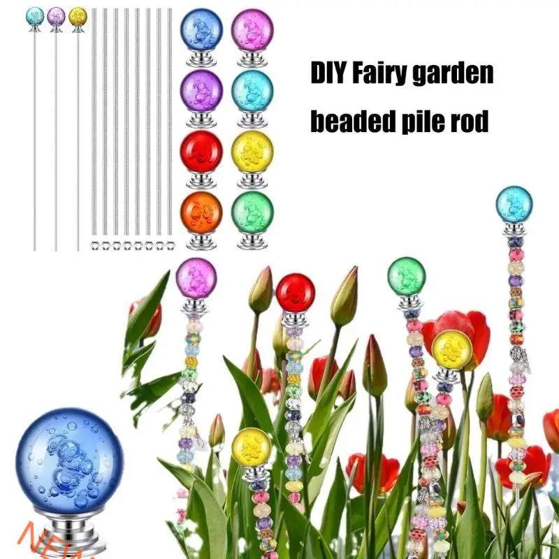 Multicolored Bead Garden Stakes Silver Beading for Outdoor Decoration
