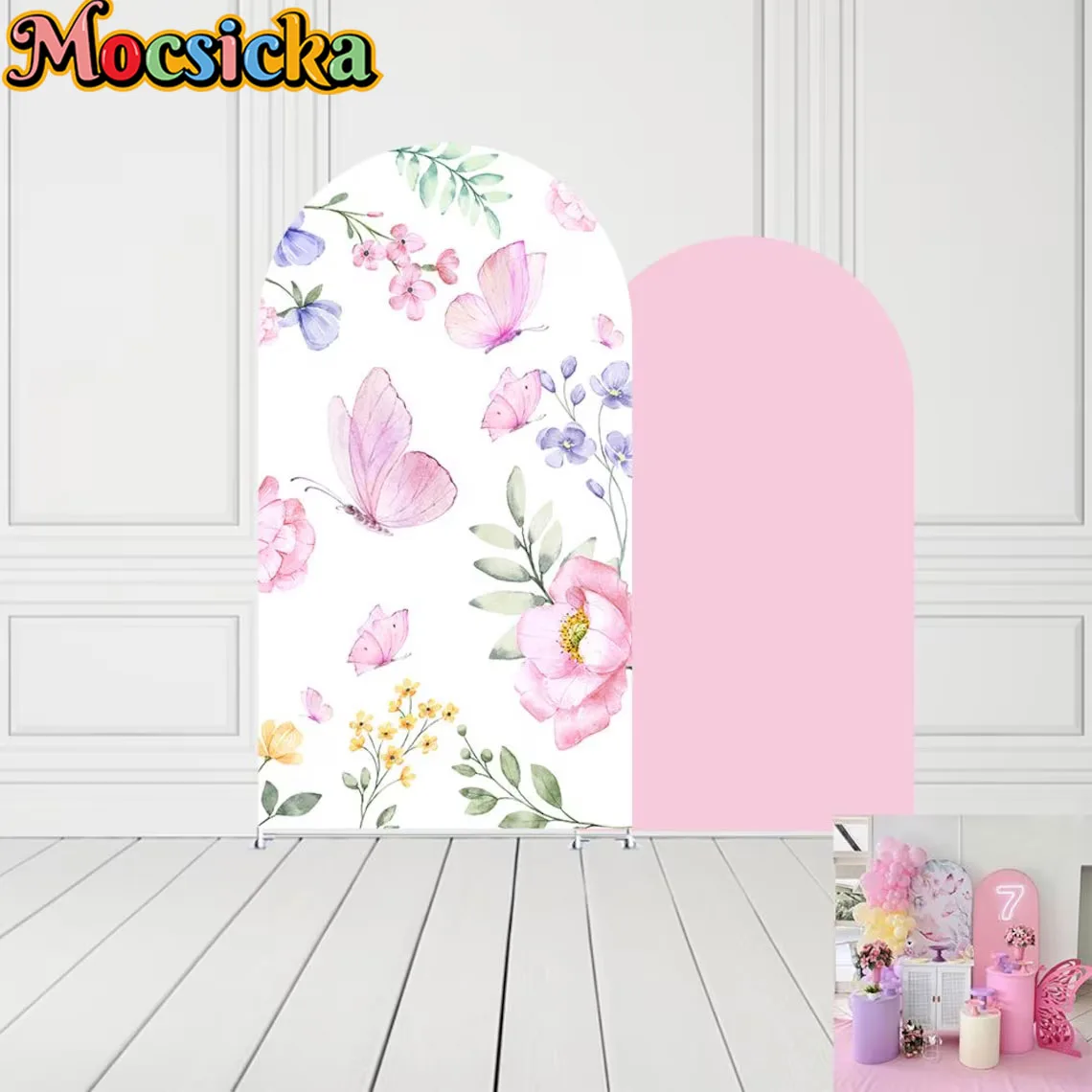 

Mocsicka 2-Sided Arch Cover Pink Butterfly Flower Decoration Backdrop Baby Shower Arch Wall Children Birthday Party Photo Banner