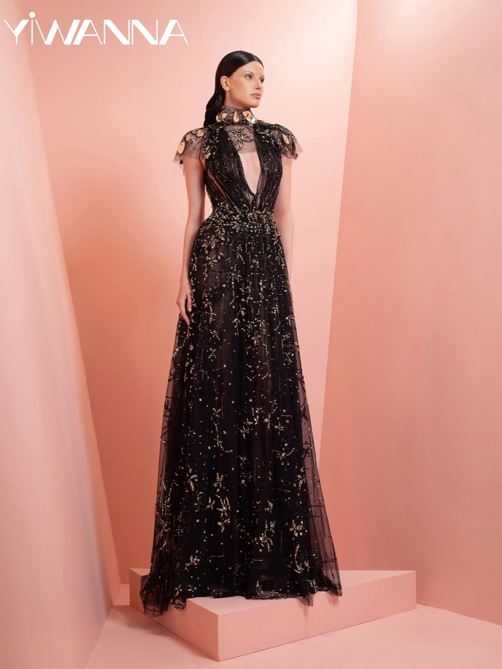 

Stunning Dazzling Beaded A-line Tule Long Evening Dress Illusion Deep V-neck Wedding Party Gown Customized Gorgeous Prom Dresses