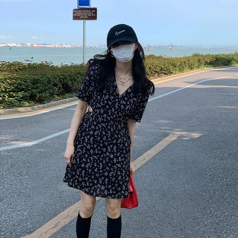 

plus Size Floral Print Dress V Neck Short Sleeve Waist Cinched Design Belted Short Skirt Korean Style High Waist a Line Summe...