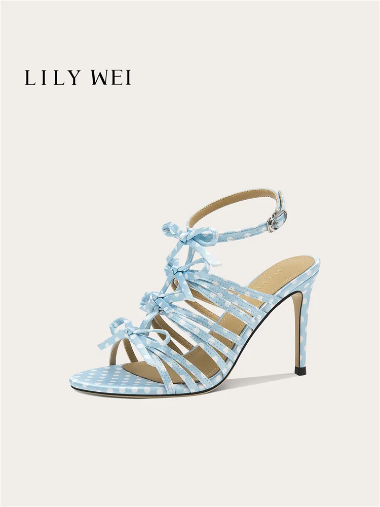 

Summer New Silk Printed Fabric Bow Sandals for Banquet Dress, Large Size, Small Size, Thin Heel, High Heel Women's Shoes