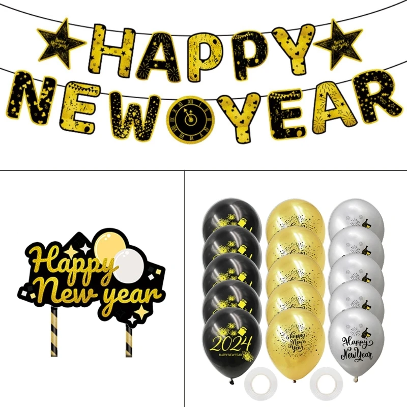 Black Gold New Year Party Decoration Happy New Year Balloon New Year Banners Drop shipping