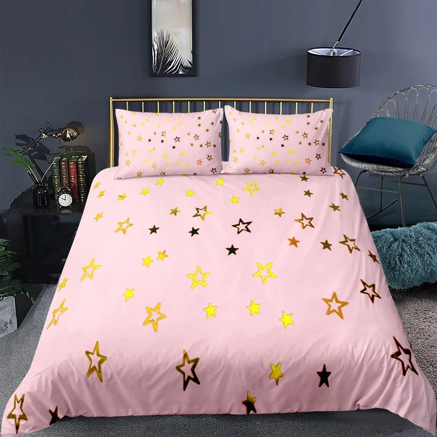 Golden Stars Pattern King Queen Duvet Cover Sparkling Five-pointed Star Bedding Set for Girls Pink 3pcs Polyester Quilt Cover