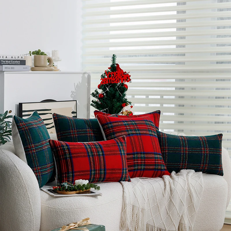 Cushion Cover Retro Red/Green Plaid-Single Christmas Supplies 45x45cm Home Decoration Pillow Cover for Bedroom Sofa Pillowcase