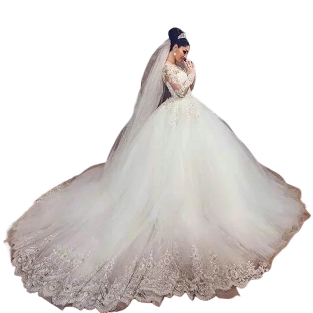Customized Amazing Lace Appiques Luxury Wedding Dress 2023 Chapel Train Long Sleeves Robe De Mariée Bridal Gowns