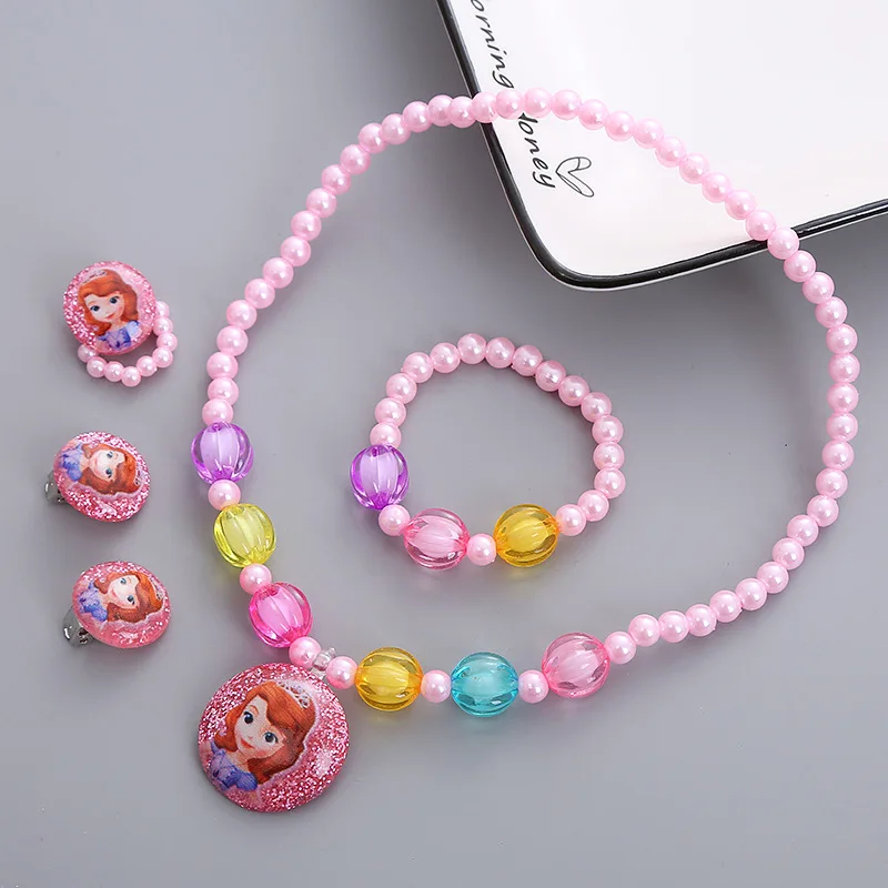 Disney Anime Frozen Elsa Necklace Set Kawaii Sofia Princess Necklace Bracelet Ring Ear Clip Set Cartoon Children Jewelry Gifts